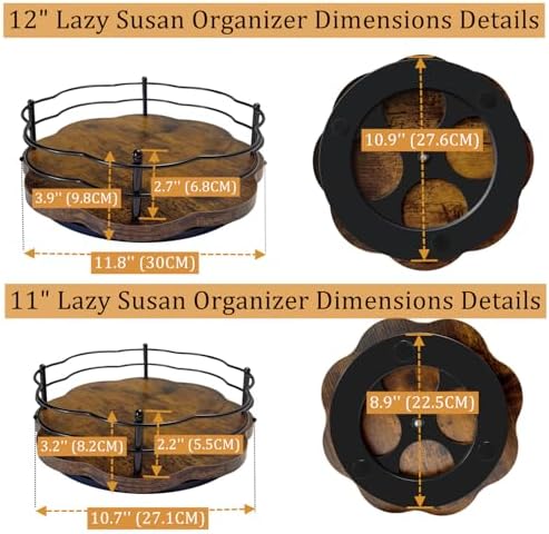 2 Pack, 11" & 12" Wooden Lazy Susan Turntable with Higher Metal Sides, 360° Rotating Lazy Susan Organization and Storage