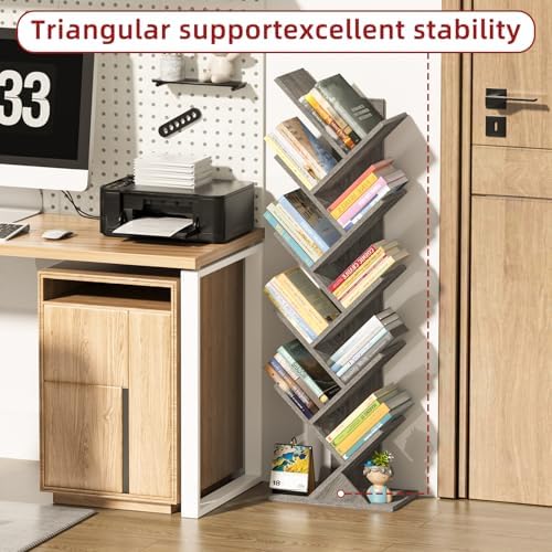 10 Tier Tree Book Shelf, Floor Standing Wood Bookshelf for Narrow Space