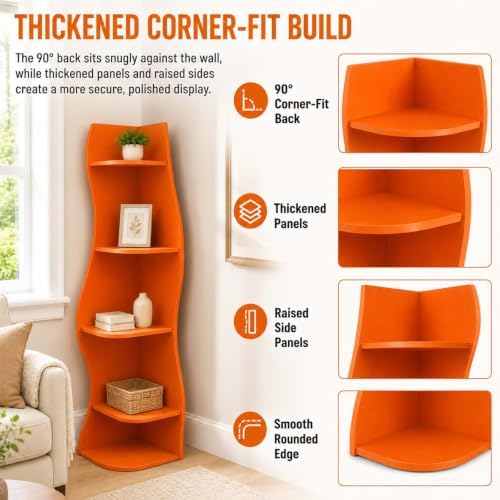 HRVEOCEI 5-Tier Wavy Corner Shelf with Curvy Shape for Small Space, Orange