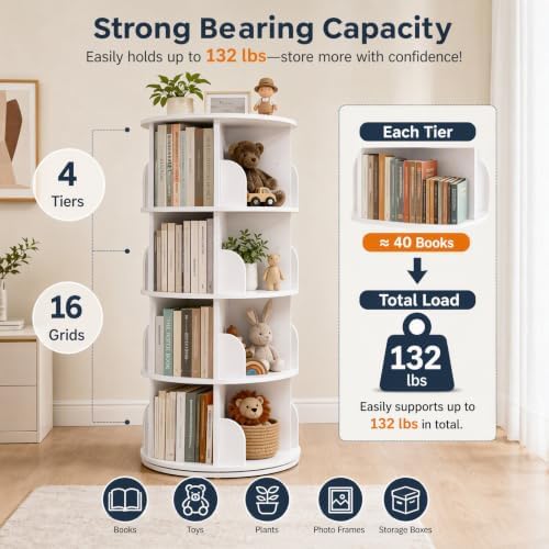 4 Tier Rotating Bookshelf Tower, 360° Spinning Corner Bookcase for Small Space,Spinning Bookshelf Tower for Study Room,H