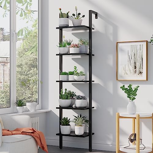 YMYNY 5 Tiers Narrow Ladder Bookcase, Industrial Wall Mounted Bookshelf, Open Display Rack with Metal Frame, Wooden Stor