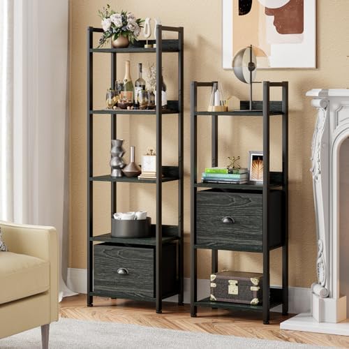 Furologee 4 Tier Bookshelf with Drawer, Small Narrow Bookcase, Black Oak