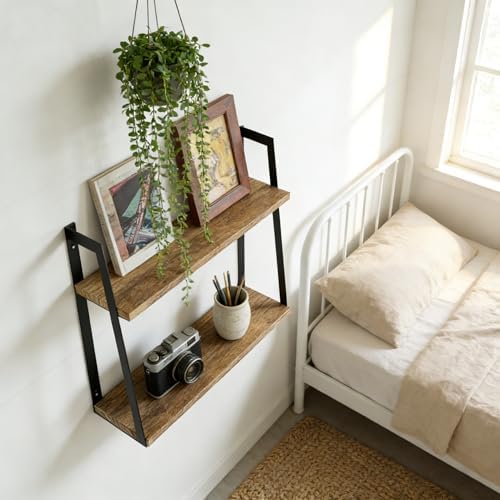 SRIWATANA Carbonized Black 2-Tier Floating Shelves, Wood Wall Storage Shelf