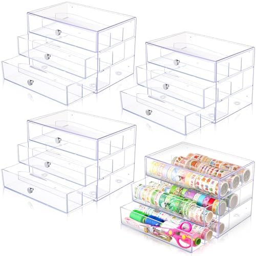 Wonderjune 4 Pack 3 Drawer Clear Washi Tape Organizer Acrylic Storage Box