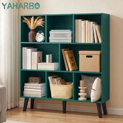 YAHARBO 8 Cube Bookshelf,3 Tier Bookcase with Legs,Dark Green Mid-Century Modern Bookshelves,Large Free Standing Open St
