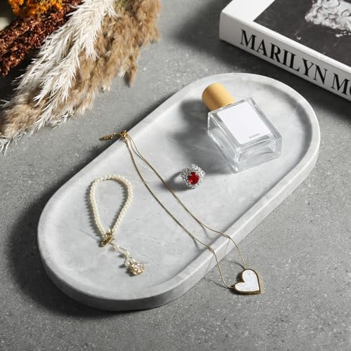 Koville Grey Marble Tray for Bathroom Countertop, 12"x6" Vanity Decorative Marble Tray for Dresser, Stone Catchall Trays