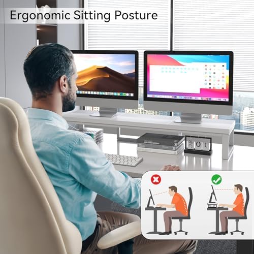 IBUYKE Large Dual Monitor Stand Riser for 2 Monitors, Wooden Desktop Computer Monitor Stand Storage Shelf and Steel Legs
