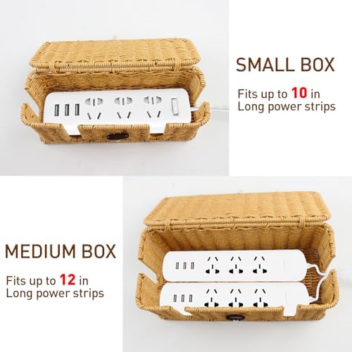 Cable Management Box - 2 Pack Cord Hider Organizer Boxs - Small & Medium Szie Power Cover Cord Box, Handwoven Rattan Cab