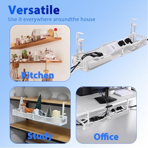 Under Desk Cable Management Box 25.3 Inch – Clamp-Mounted Cable Organizer Tray, Large Cord Management Box for Office & H