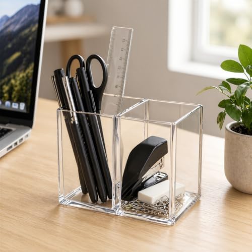 Gejoy 20 Pcs Acrylic Pencil Pen Holder for Desk, Clear 2 Compartment