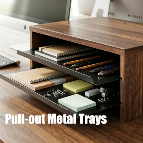 Fenge 14.3-Inch Monitor Stand with Slide-Out Trays, Wood & Metal Desk Shelf