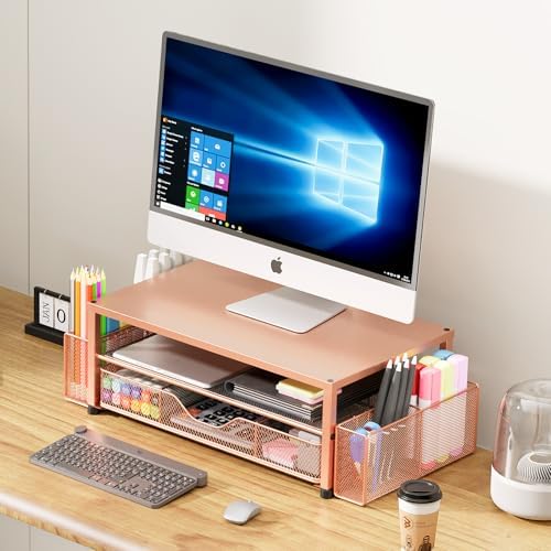 OPNICE Desk Organizer and Accessories, 2-Tier Computer Monitor Stand Riser with Drawer and 2 Pen Holders, Laptop Stand, 