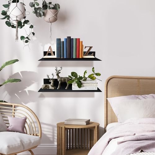 RealPlus Metal Floating Shelf 16.8" x 8" Modern Heavy Duty Steel Wall Mount Shelf, Black (Pack of 2)