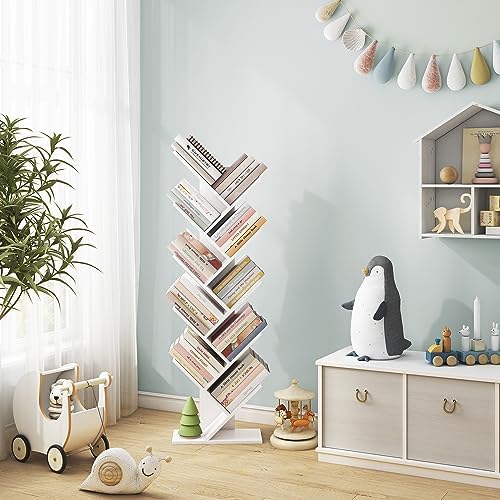 Hoctieon 10 Tier Tree Bookshelf, 10 Shelf Bookcase, Free Standing Tree Bookcase, Display Floor Standing Shelf for Books,
