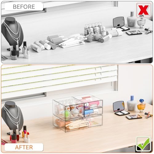Yieach 4 Pack Clear Stackable Storage Drawers,Acrylic Drawer Organizer for Medicine,Palettes,Hair Accessories and Makeup