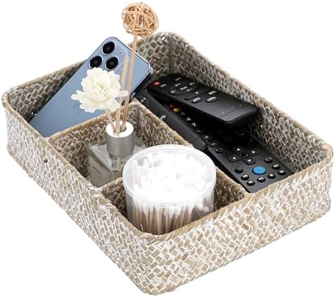 BTSKY Desk Drawer Organizer Tray, Coffee Station Organizer Tea Bag Organizer, Woven Seagrass Storage Basket with 4 Divided Sections Handwoven Wicker Basket for Shelves, Pantry, Coffee Bar (White)