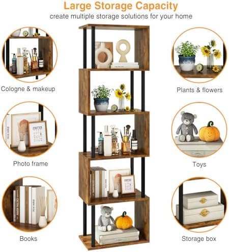 IBUYKE 6-Tier Tall Bookshelf,S-Shaped Geometric Bookcase,Brown WBC016H