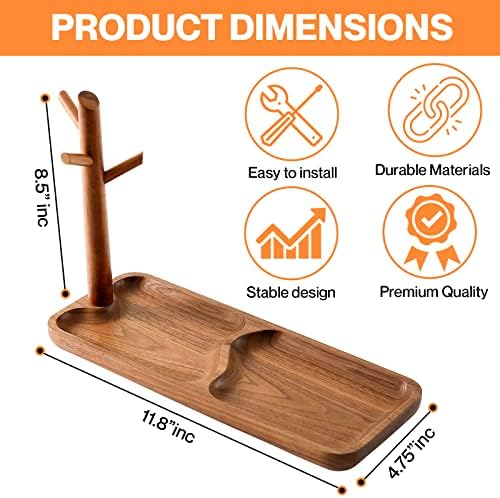 Walnut Wood Key Tray for Entryway Table, Jewelry Tray, Catchall Tray with 3 Stand Hanging Organizer, for Rings, Phone, B