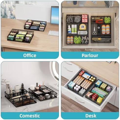 Marbrasse 2 Pack Desk Drawer Organizer, Mesh Drawer Organizer Tray with 8 Adjustable Compartments, Desk Organizers and Accessories, 5 Dividers Drawer for Office Supplies, Makeup & Vanity (Black-2P)