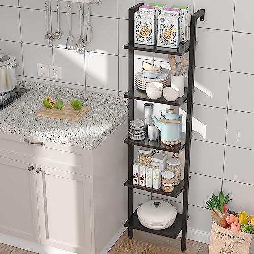 YMYNY 5 Tiers Narrow Ladder Bookcase, Industrial Wall Mounted Bookshelf, Open Display Rack with Metal Frame, Wooden Stor
