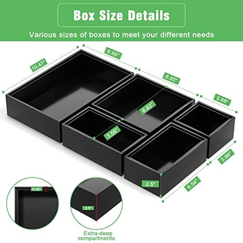Black Bamboo Bathroom Drawer Organizer, Wooden Kitchen Utensil Holder Set of 5, Stackable Junk Drawer Organizer Tray, Mu