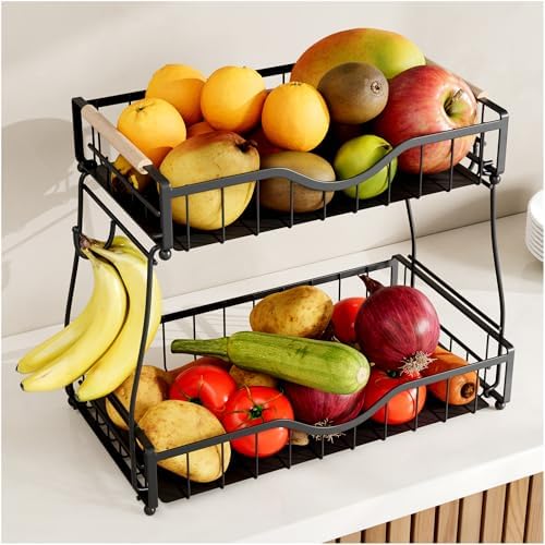 2 Tier Fruit Basket for Kitchen Countertop with Banana Hangers,Detachable Metal Fruit Bowl with Wooden Handles and Prote