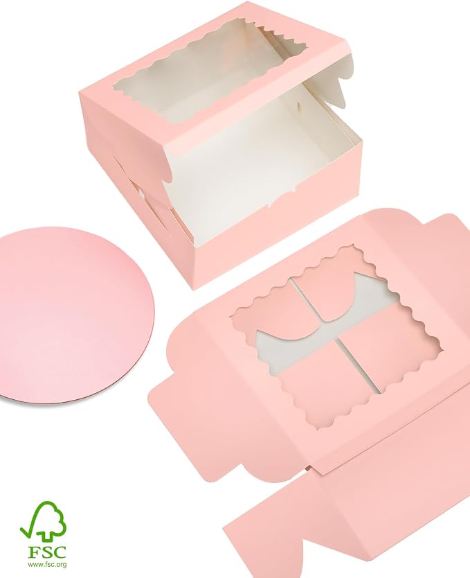 qiqee 10"x10"x5" Cake Box, 36 Sets Pink Cake Box with Window ＆ 36 Sets 10" Pink Cake Round Boards, for Cake, Treat Cookie Dessert, Pastry, Birthday Party, Weddings