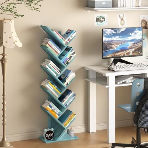 10 Tier Tree Book Shelf, Floor Standing Wood Bookshelf for Narrow Space