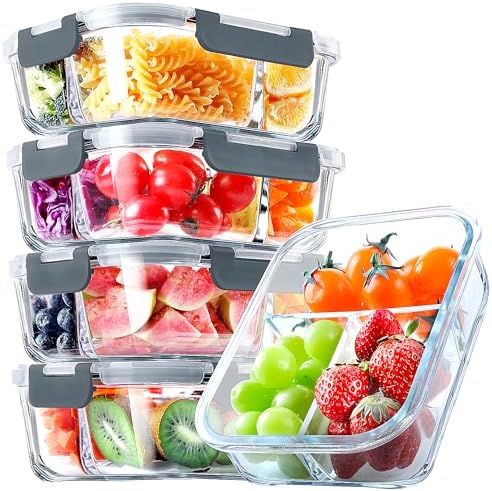VERONES 5 PACK 36 OZ Glass Food Storage Containers 3 Compartment Set, Grey