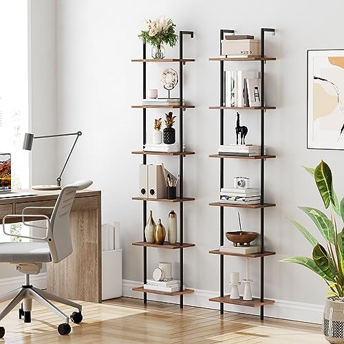 HOOBRO DIY Ladder Shelf, 6-Tier Wooden Wall Mounted Bookshelf, Narrow Bookcase, Display Shelf, Storage Rack, Plant Stand