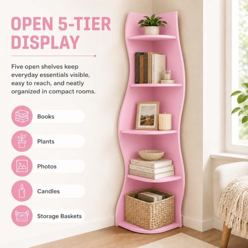 HRVEOCEI 5-Tier Wavy Corner Shelf with Curvy Shape for Small Space, Pink