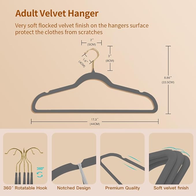 Stormix Adult Velvet Hangers Non-Slip Shoulder Notches, 17.3'' 52 Pack Gray