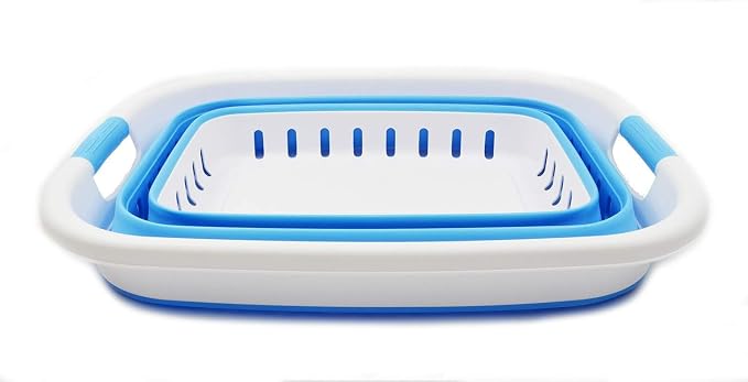 SAMMART 37L (9.77 gallon) Collapsible Plastic Laundry Basket - Foldable Pop Up Storage Container/Organizer - Space Saving Hamper/Basket (1, White/Marine Blue)