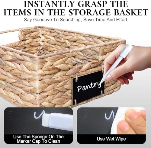 Set of 4 Sizes Hand-Woven Pantry Shelf Baskets, Hyacinth Storage Baskets with Chalkboard Labels & 2 Chalk Markers, Wicke