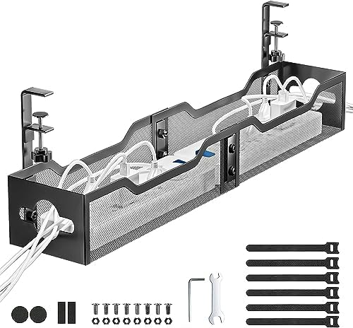 Under Desk Cable Management Tray Black, Litwaro Cable Management Under Desk No Drill, 25'' Cable Tray with Clamp for Wir