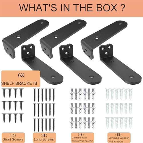 Eurydice Heavy Duty Floating Shelf Brackets, 1/4 in Thick 8 in 6Pack Black
