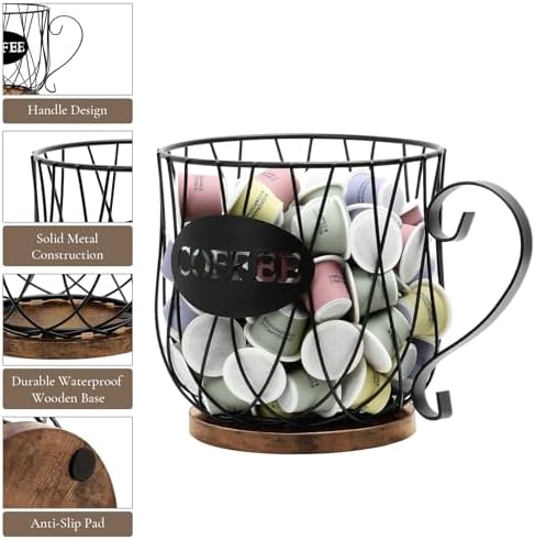 Rustic Metal K Cup Coffee Pod Holder, Large Wire Coffee Pod Basket