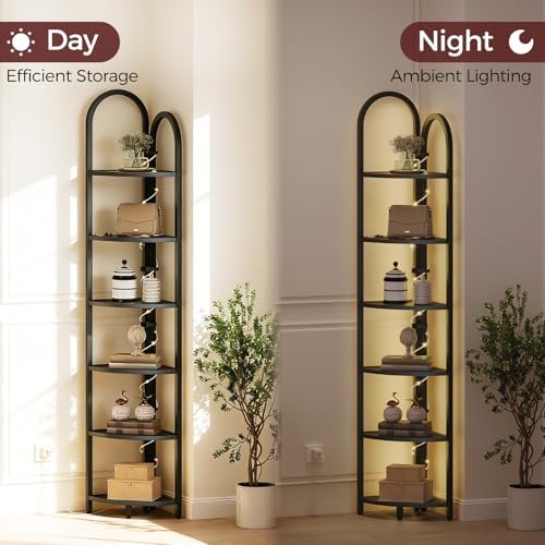MAHANCRIS 6 Tier Corner Shelf with LED Light, 74.6'' Tall Corner Bookshelf Stand, Narrow Display Bookcase with Storage R