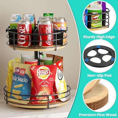 2 Tier Lazy Susan with Adjustable Height and Metal Divider Design, Black