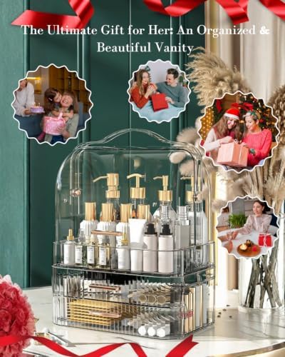 LINFIDITE Cosmetics Storage Box Transparent Lid Large Makeup Organizer Box Drawers Portable Handle Waterproof Dustproof 