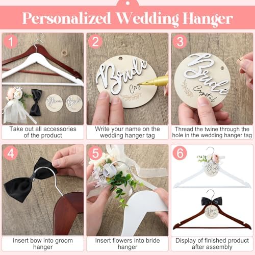 FillTouch 2 Pack Bride Groom Hangers for Wedding Dress with Bow, Pink