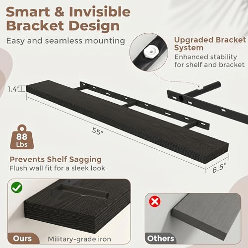 55 Inch Floating Shelves for Wall, 6.5"D Wood Storage Shelves, Black Finish