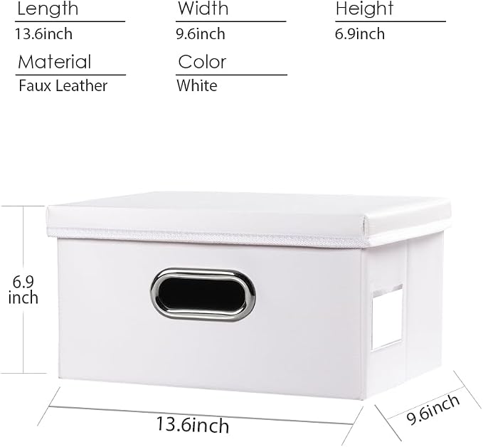PRANDOM Collapsible Storage Box with Lid [3-Pack] Leather Fabric Foldable Storage Bin Organizer Container Basket Cube with Cover for Home Bedroom Closet Office Nursery White(13.6x9.6x6.9)