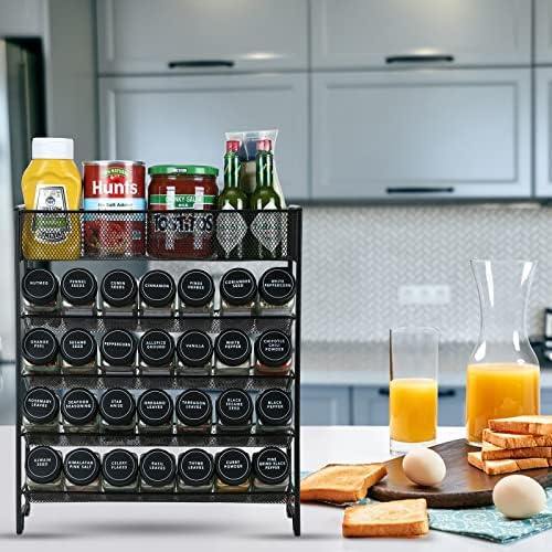 Skiileor Spice Rack Organizer with 28 Spice Jars, Black Lids, Spice Labels