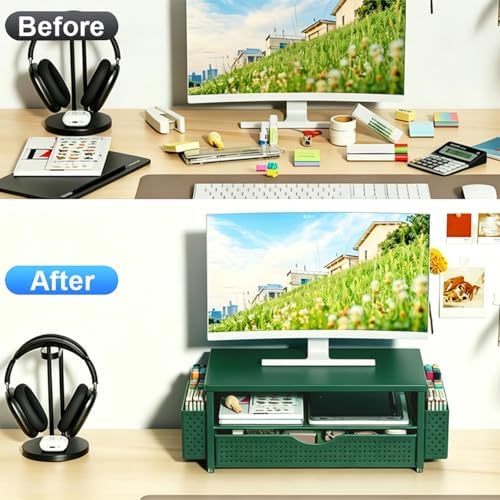 Spacrea Computer Monitor Stand with Drawer and 2 Pen Holders, Green