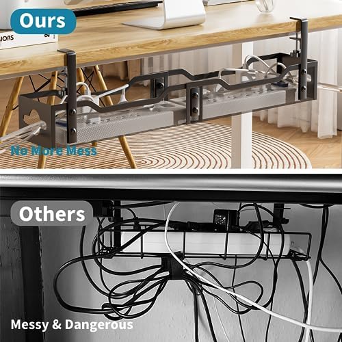 Under Desk Cable Management Tray Black, Litwaro Cable Management Under Desk No Drill, 25'' Cable Tray with Clamp for Wir