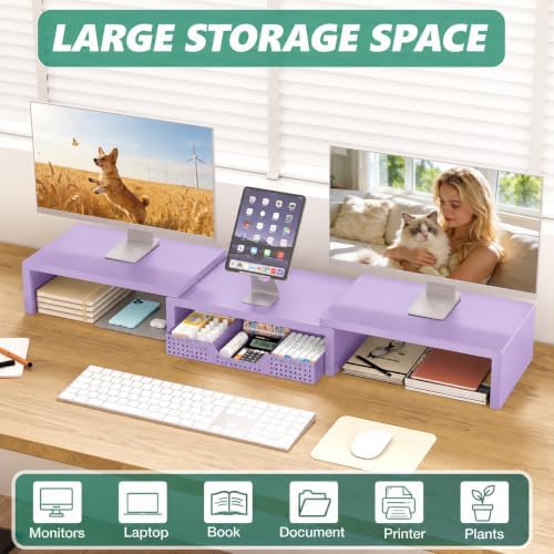 OPNICE Dual Computer Monitor Stand Riser, Desk Organizer with Drawer, Office Desk Accessories & Workspace Organizers for