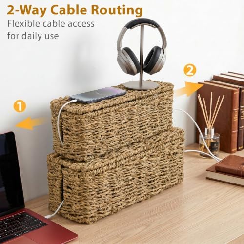 2 Pack Handwoven Cable Management Box with Lid, Decorative Cord Organizer for Power Strips, Chargers, TV Wires, Desk, Ho