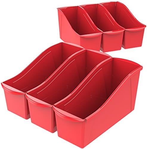 Storex Large Book Bin, Interlocking Plastic Organizer for Home, Office and Classroom, Red, 6-Pack (71102A06C)