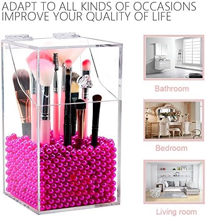 Clear Cosmetic Brush Organizer,Acrylic Brush Holder with Lid,Dust-proof Makeup Brush Holder with Free Rosy Pearls for Va